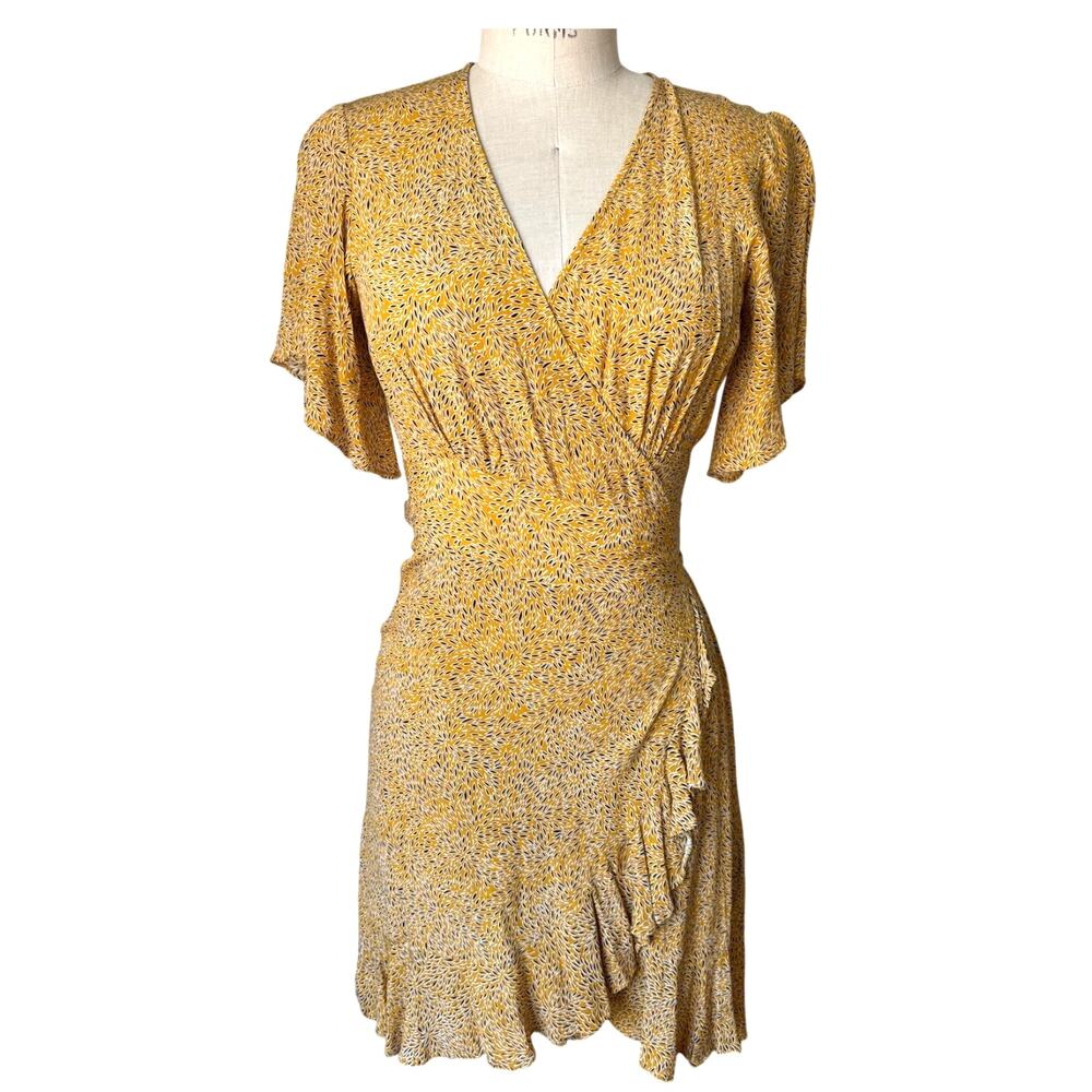 BA&SH Belina Wrap Dress in Curry Yellow Print Short Size Small